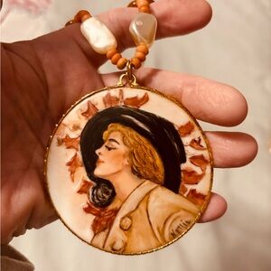 Vintage Inspired Elegant Hand Painted Portrait Pendant Necklace